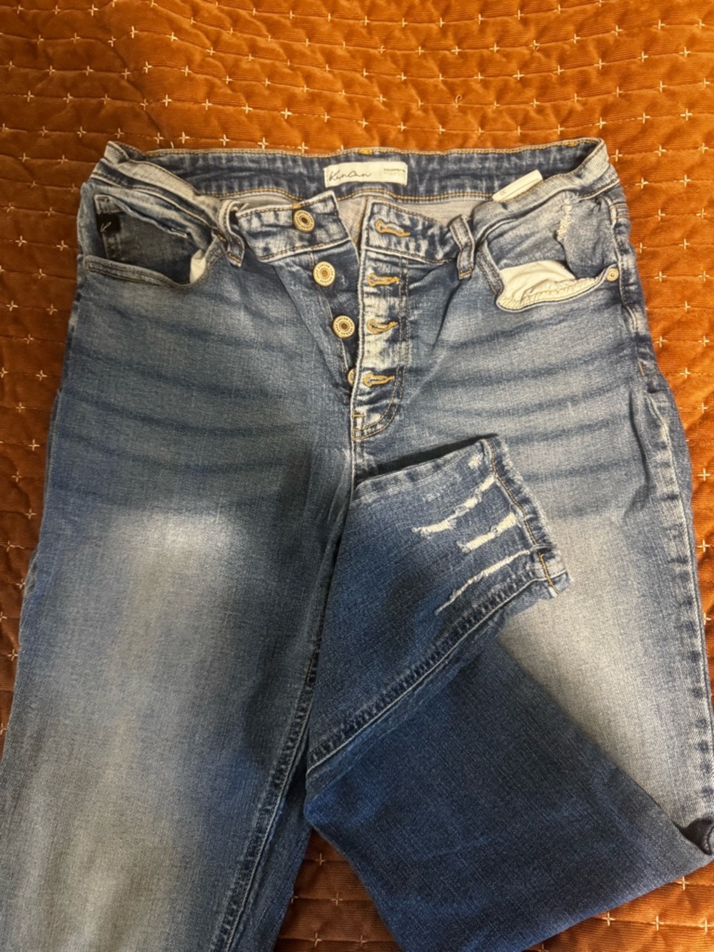 Women's Blue Distressed Button-Fly Jeans
